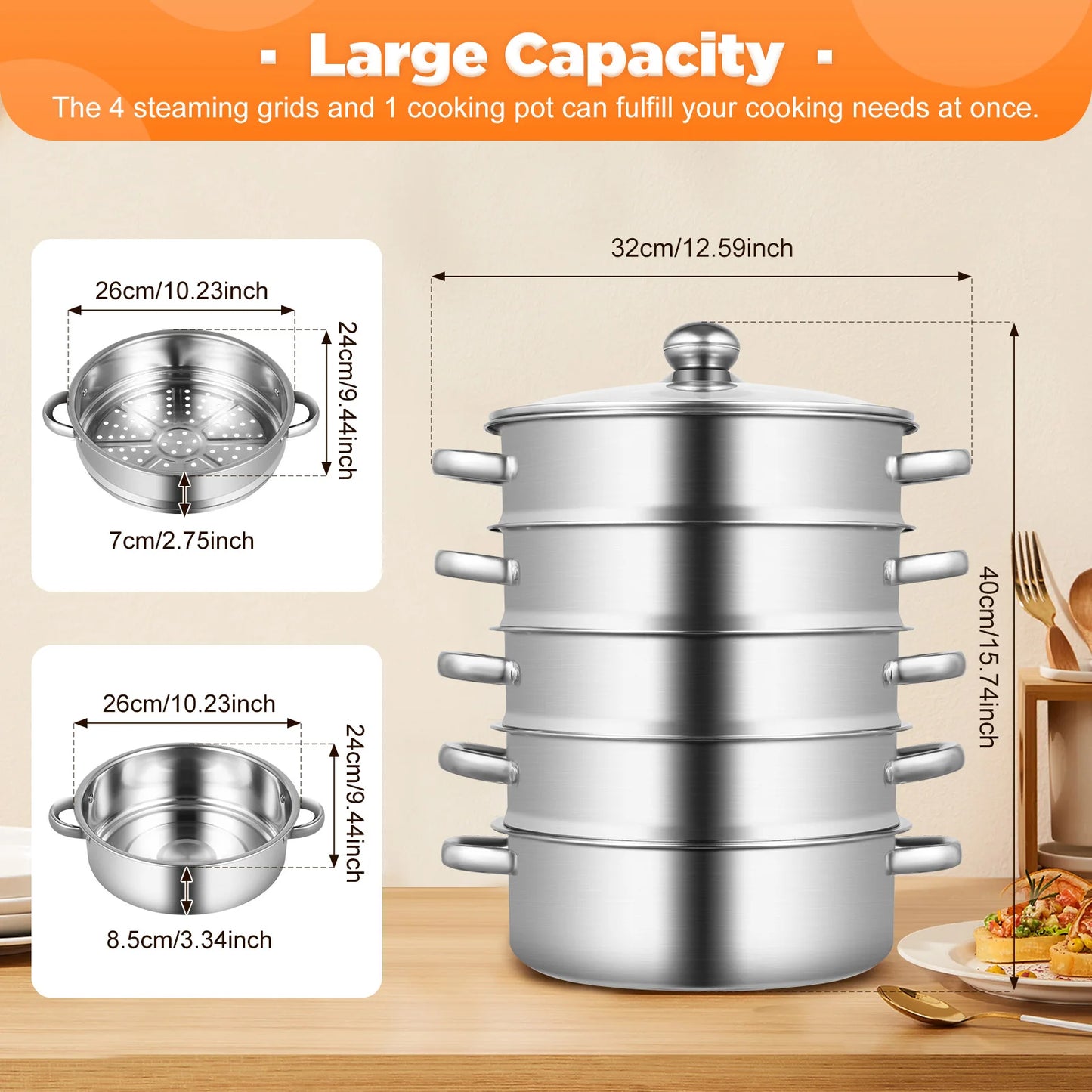 Stainless Steel Steamer Pot 5-Tier With Lid And Handles