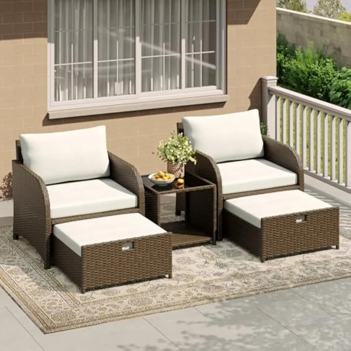Modern Patio Seating Set With Wicker Frames And Glass Table