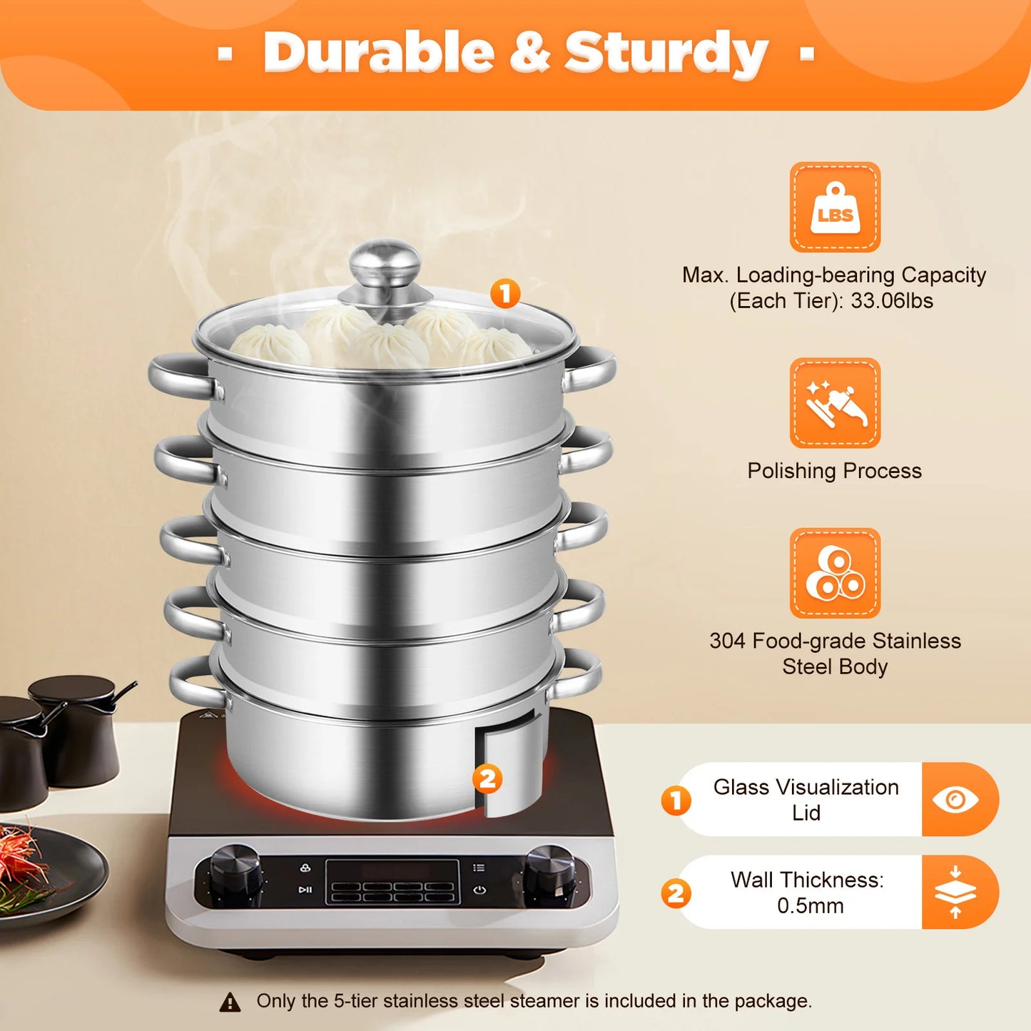 Stainless Steel Steamer Pot 5-Tier With Lid And Handles