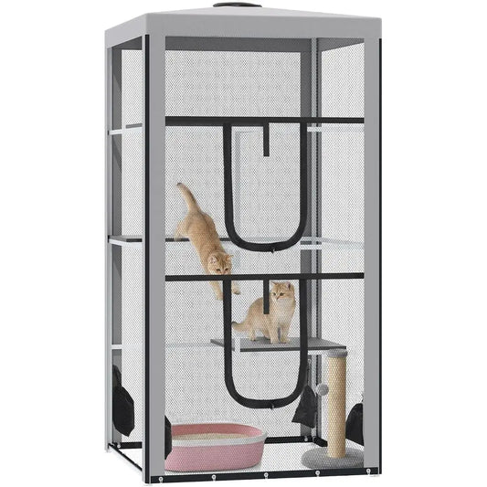 Indoor Outdoor Cat Enclosure With Mesh Playpen And Climbing Platforms