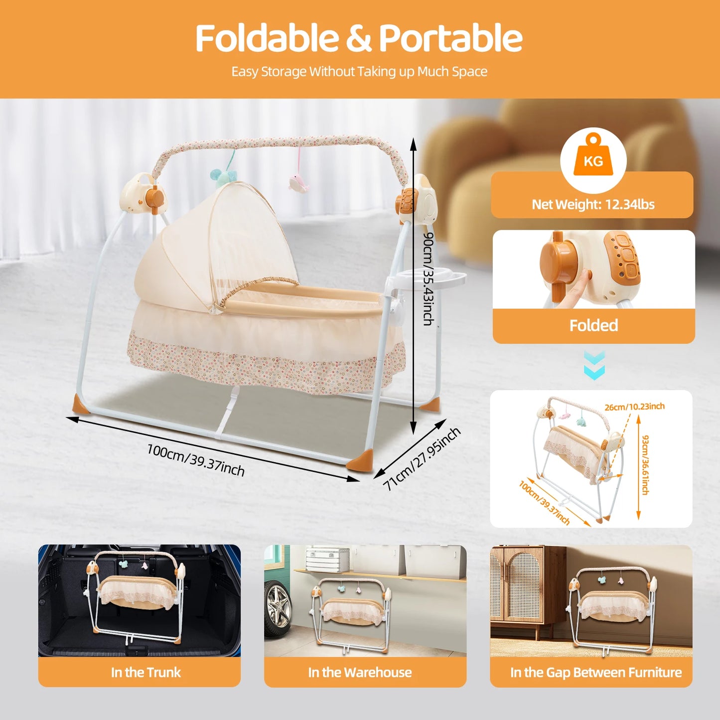 Electric Baby Crib Cradle With Swing Remote Control And Music Foldable Bassinet