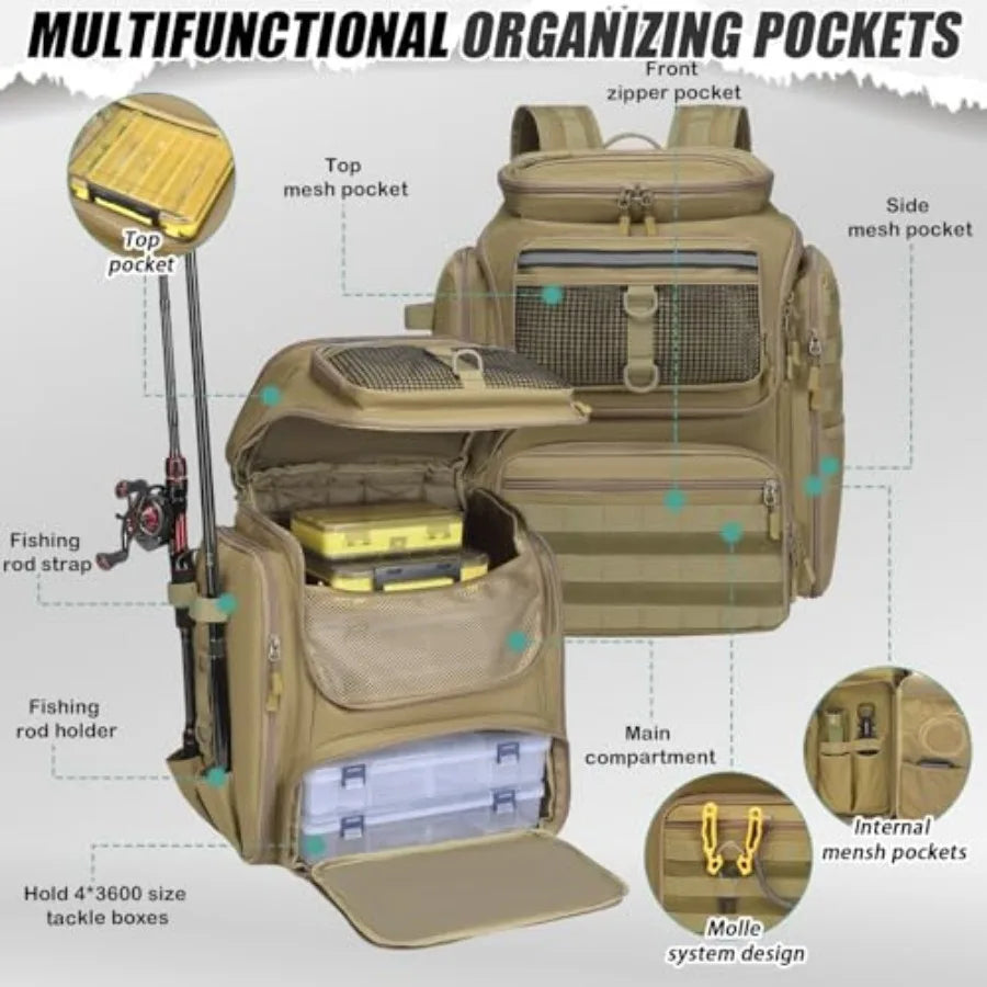 Water Resistant Fishing Backpack With Rod Holders And Tackle Storage