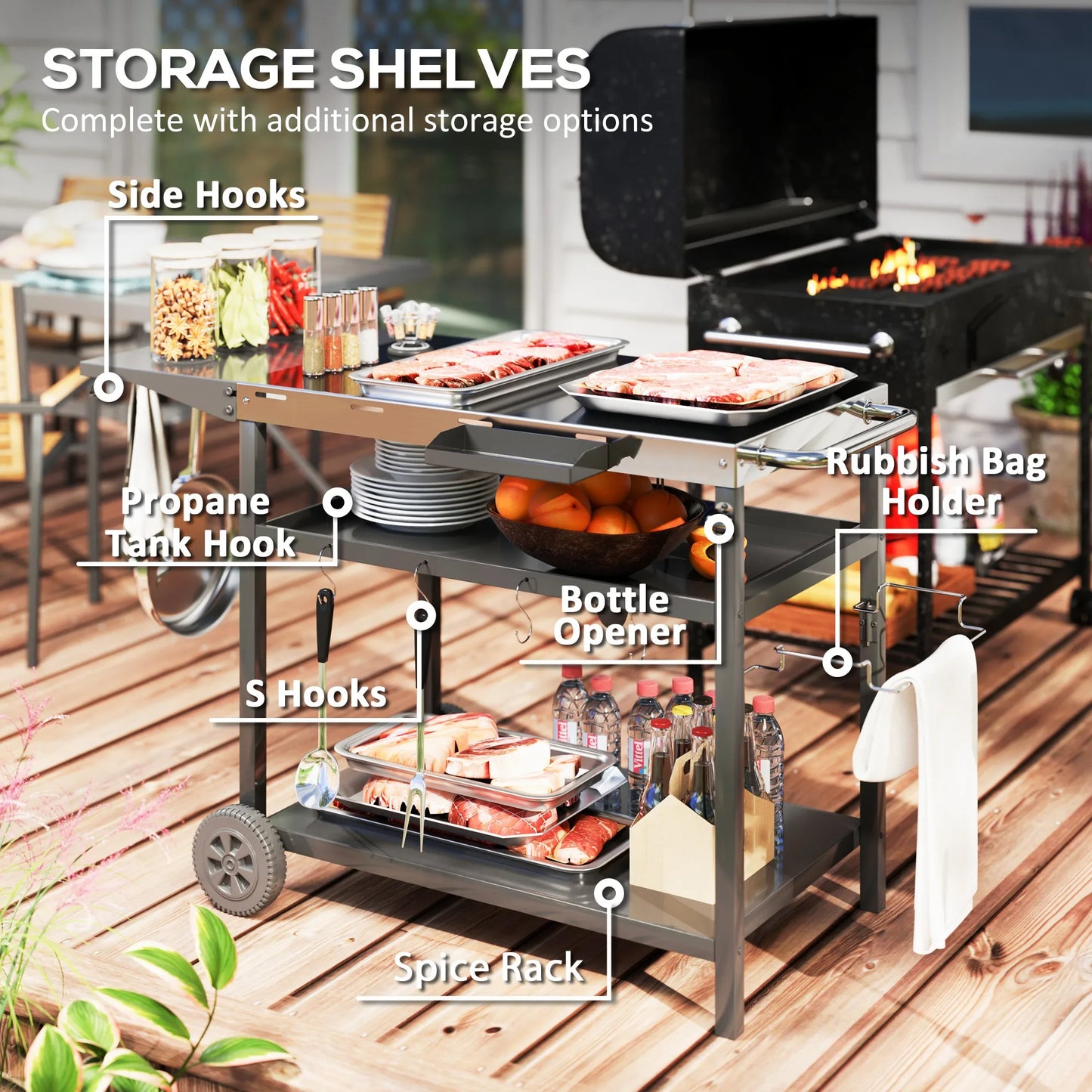 Stainless Steel Outdoor Bar Cart Grill Table With Wheels Storage