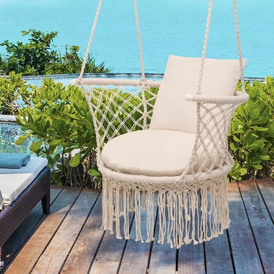 Boho Macrame Hanging Swing Chair With Cotton Rope 350 Lbs