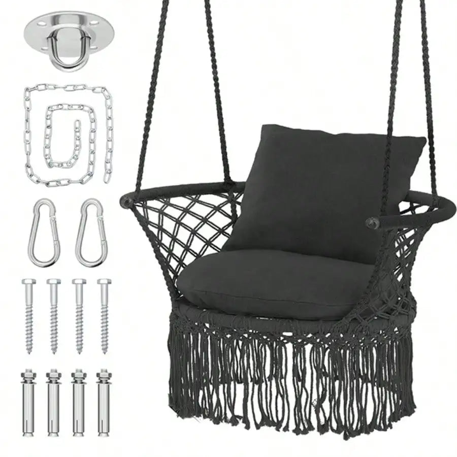 Boho Macrame Hanging Swing Chair With Cotton Rope 350 Lbs