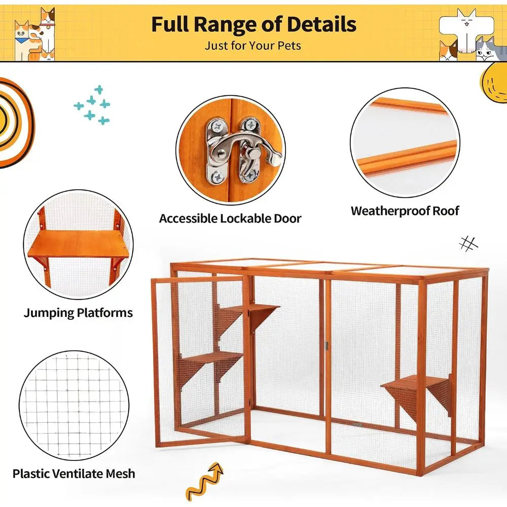 Outdoor Cat Enclosure With Waterproof Roof and Multi Level Design