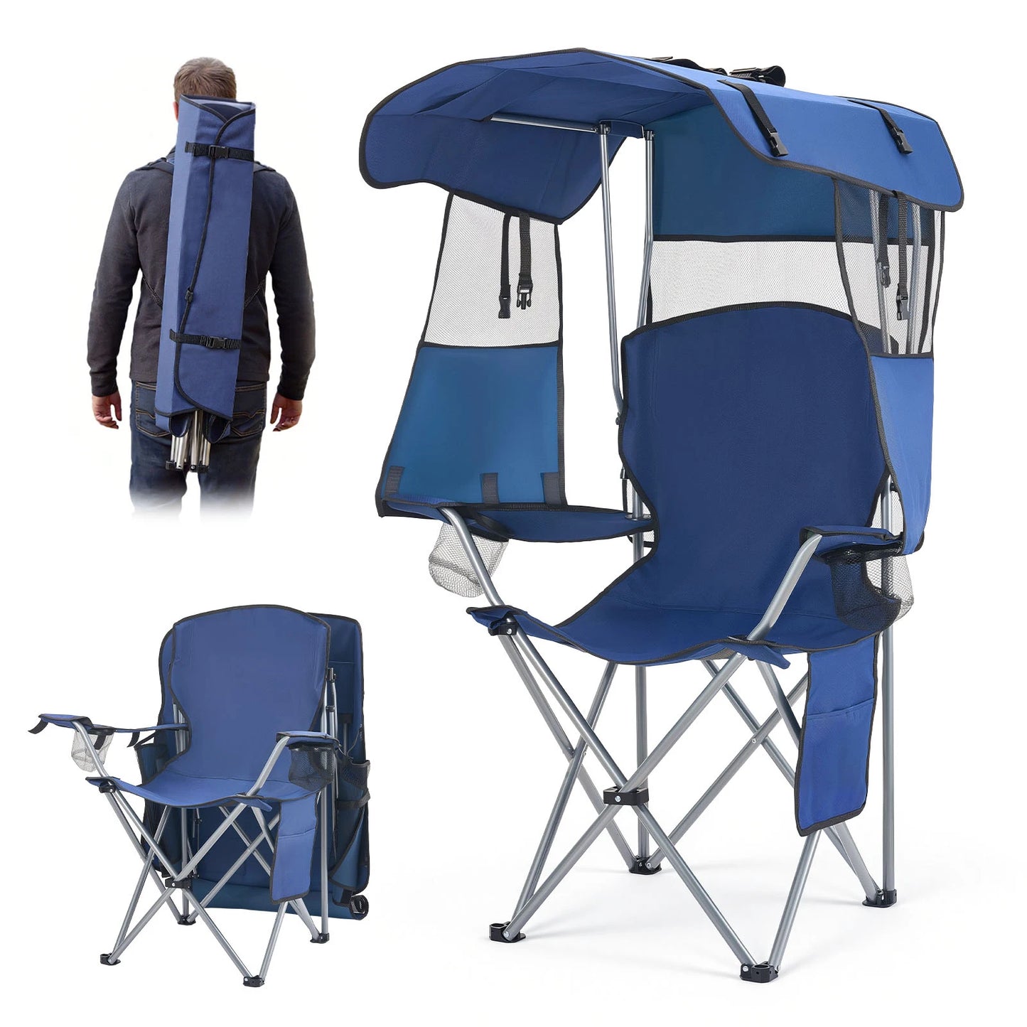 SucceBuy 330lb Camping Chair With Canopy And Cup Holders