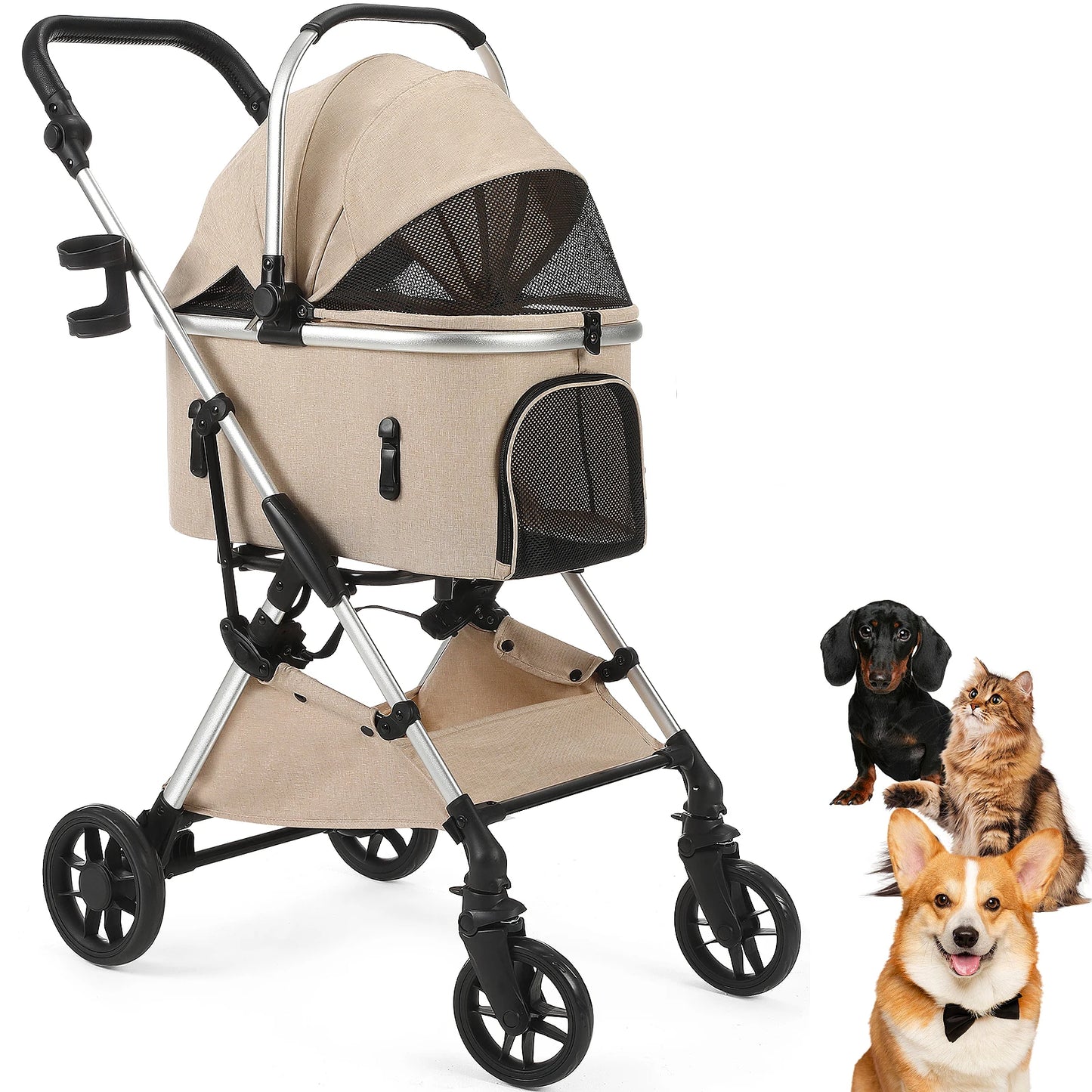 Portable Pet Stroller With Detachable Carrier For Medium Dogs
