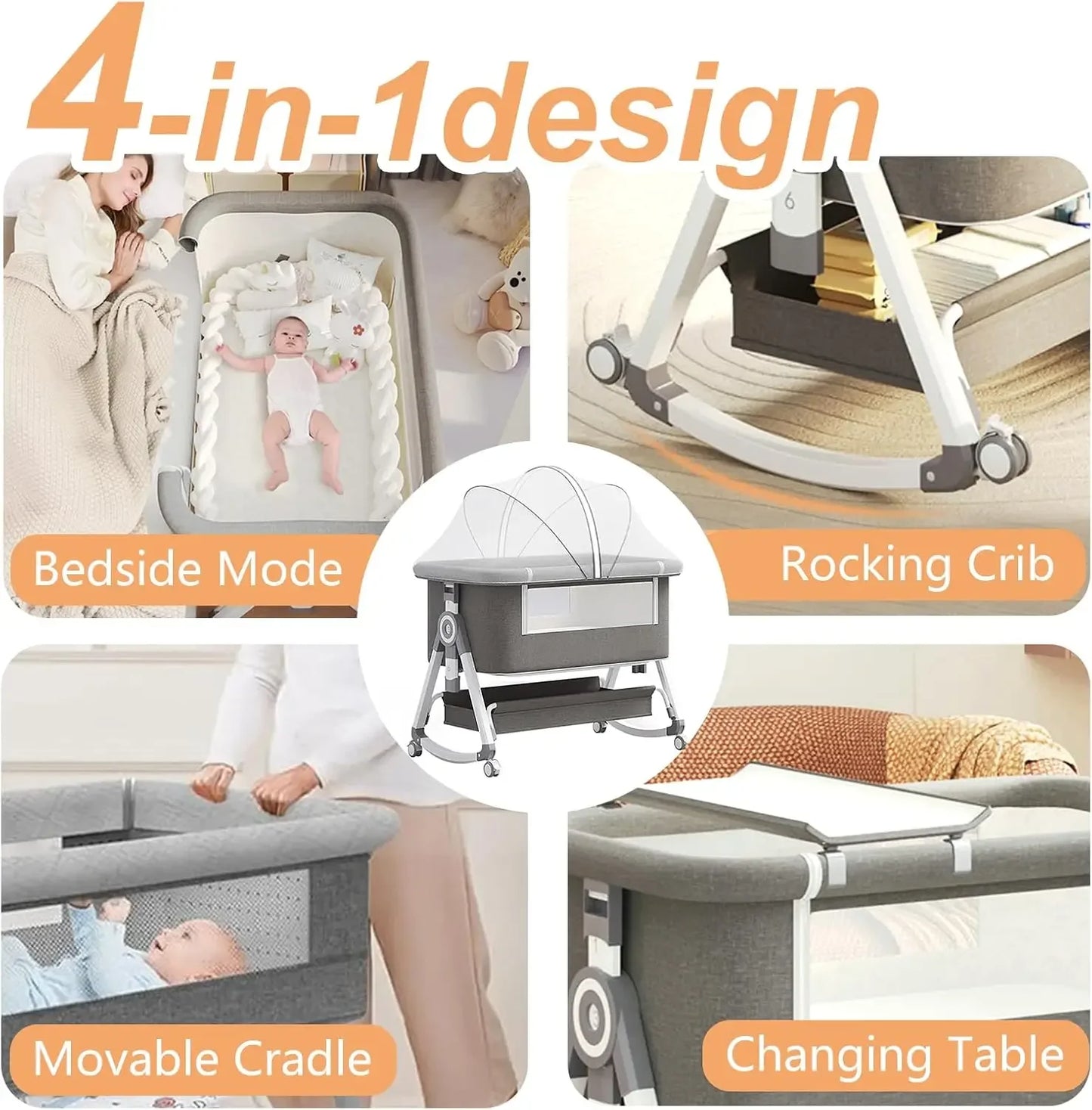 4 In 1 Rocking Baby Bassinet Bedside Sleeper With Mattress And Wheels