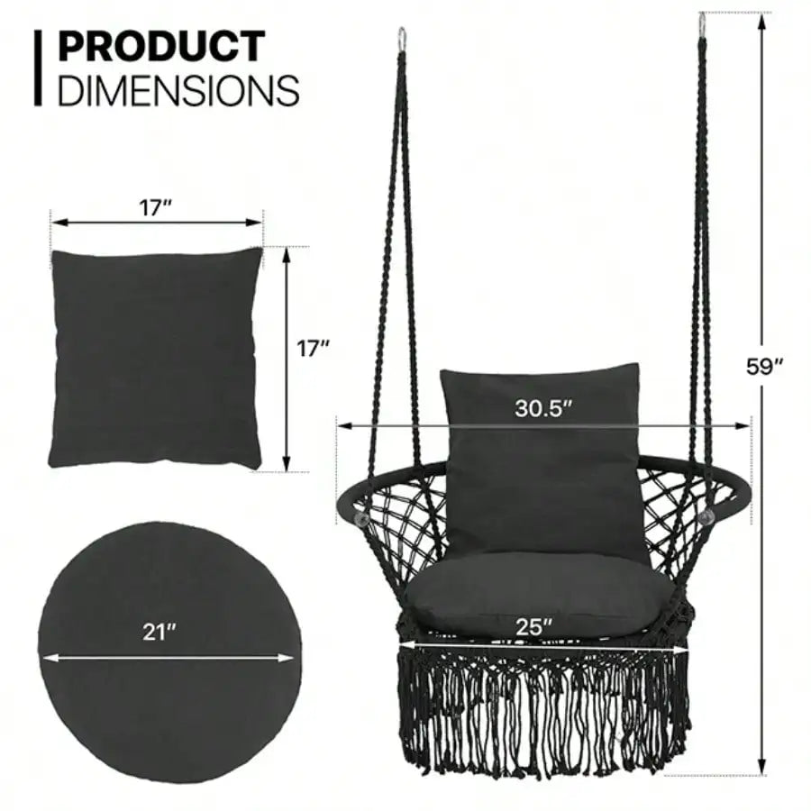 Boho Macrame Hanging Swing Chair With Cotton Rope 350 Lbs