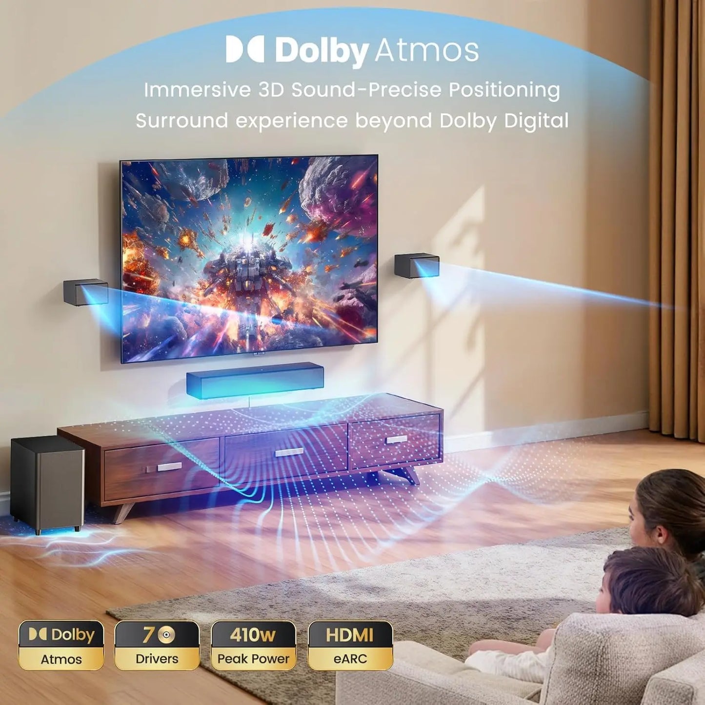 Dolby Atmos 5.1 Soundbar With Wireless Subwoofer And Surround Speakers