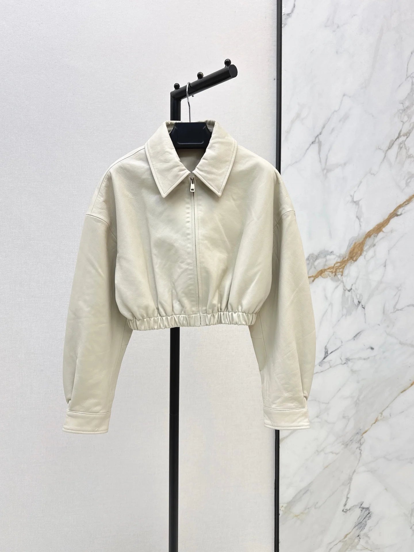 Women Leather Long Sleeve Notch Collar Zipper Jacket