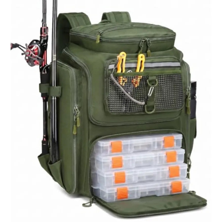 Water Resistant Fishing Backpack With Rod Holders And Tackle Storage