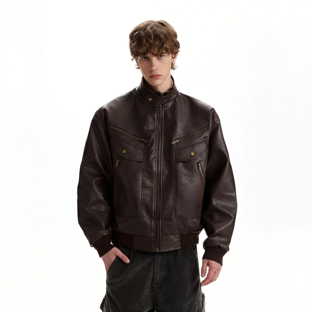 Mens Retro Textured PU Leather Windproof Motorcycle Jacket