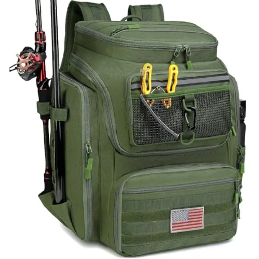 Water Resistant Fishing Backpack With Rod Holders And Tackle Storage