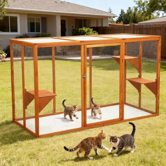 Outdoor Cat Enclosure With Waterproof Roof and Multi Level Design
