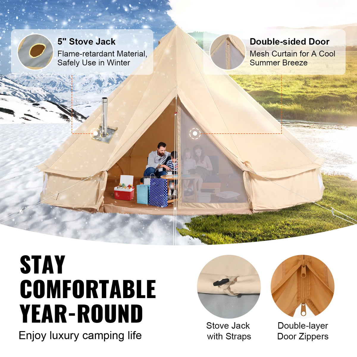SucceBuy Four Season Canvas Bell Tent With Stove Ventilation