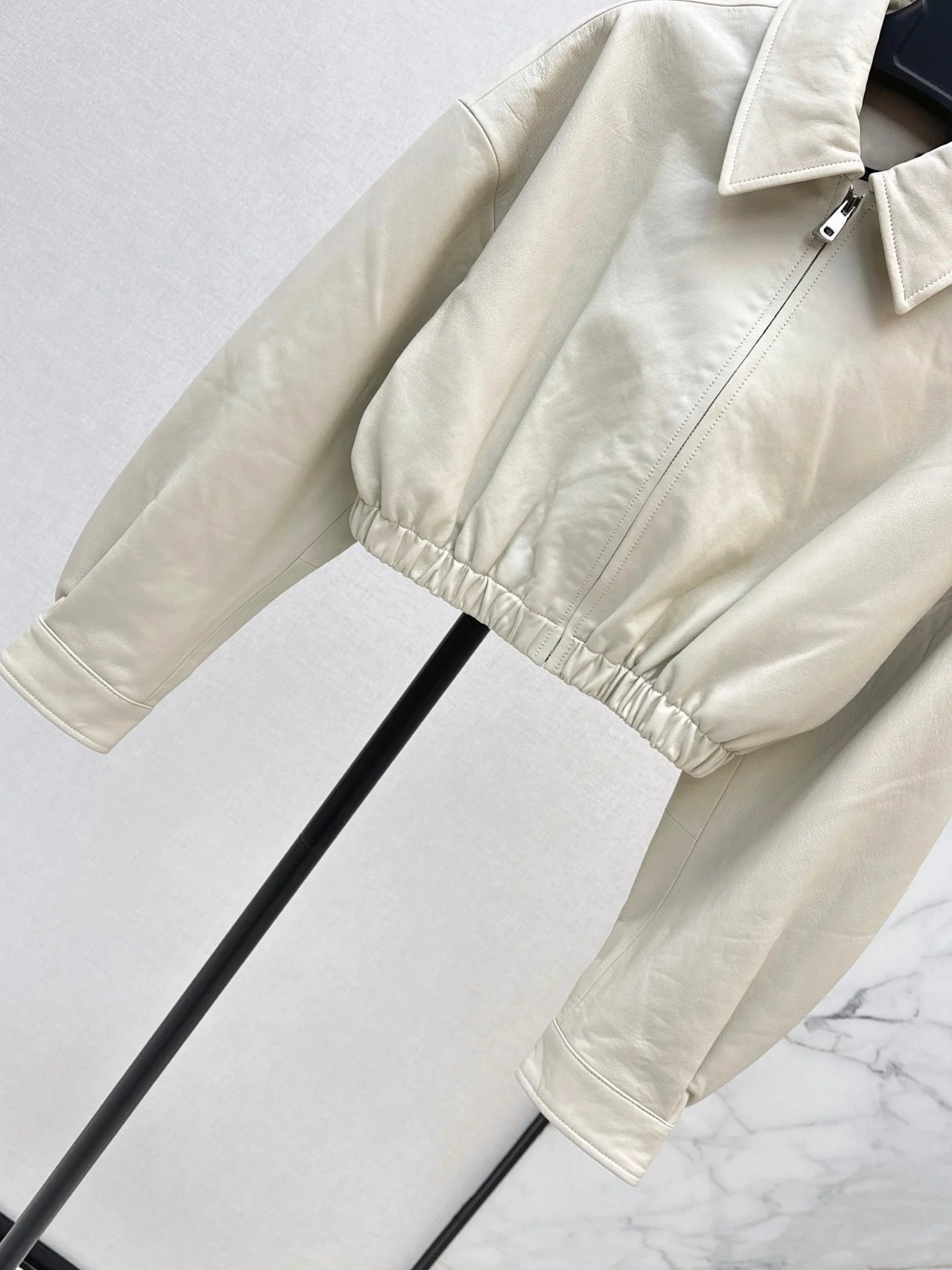 Women Leather Long Sleeve Notch Collar Zipper Jacket