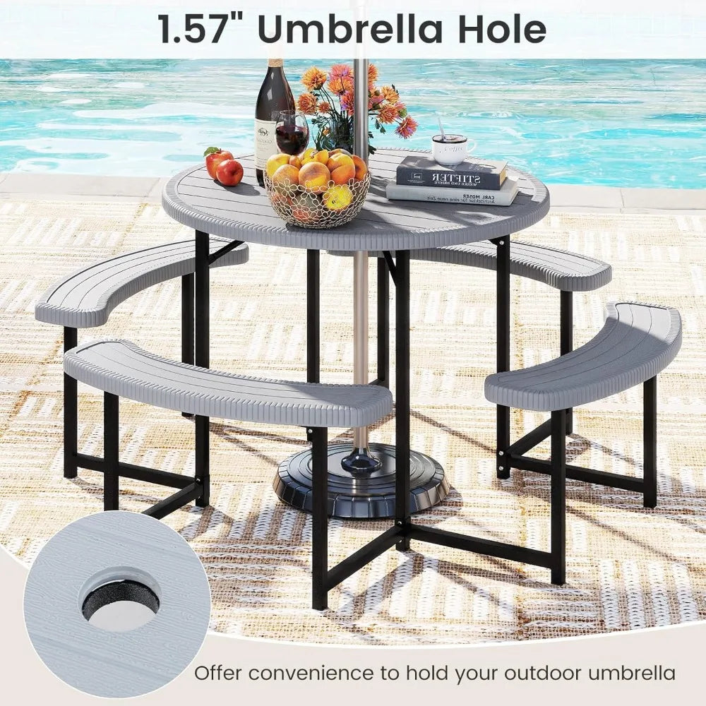 Outdoor 8-Person Round Picnic Table Set With Umbrella Hole