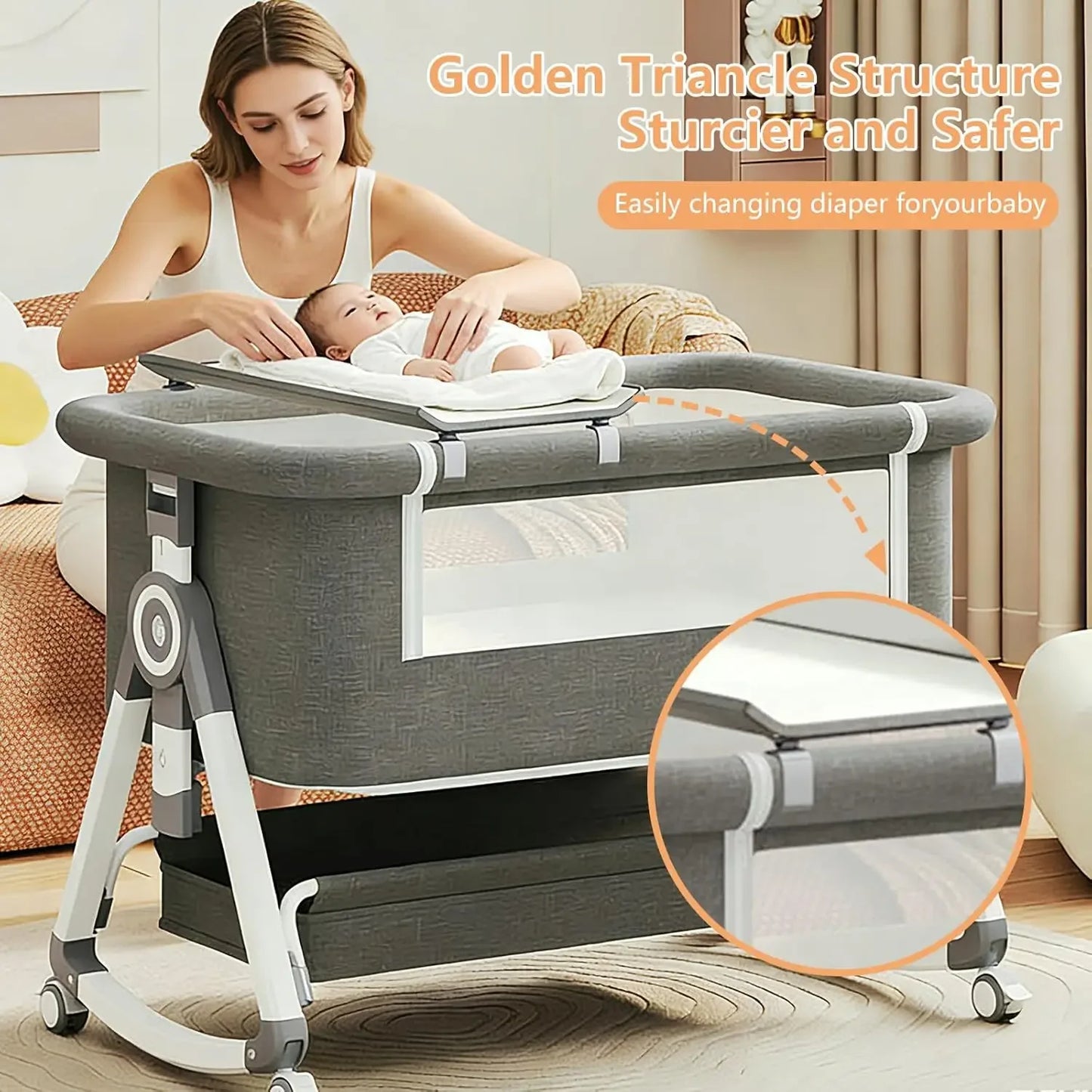 4 In 1 Rocking Baby Bassinet Bedside Sleeper With Mattress And Wheels