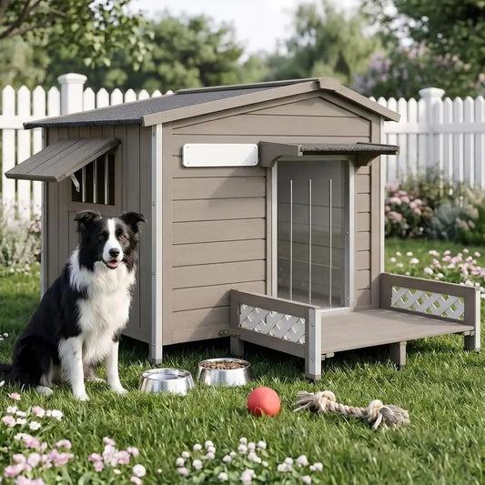 Outdoor Wooden Dog House With Porch And Metal Chew Protection