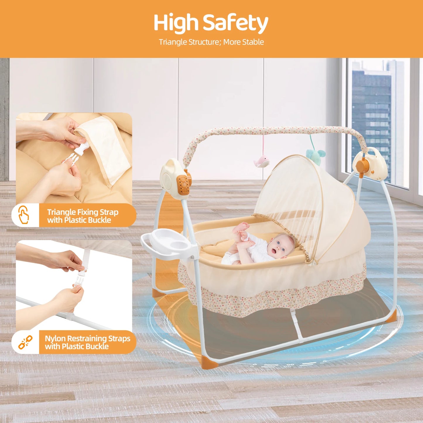 Electric Baby Crib Cradle With Swing Remote Control And Music Foldable Bassinet