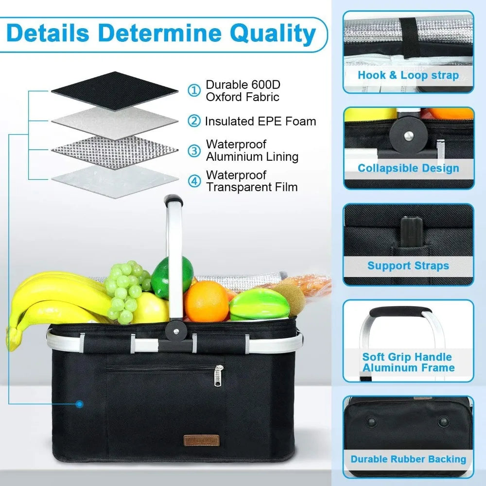 NBVCX Insulated Picnic Basket With Foldable Leakproof Pockets