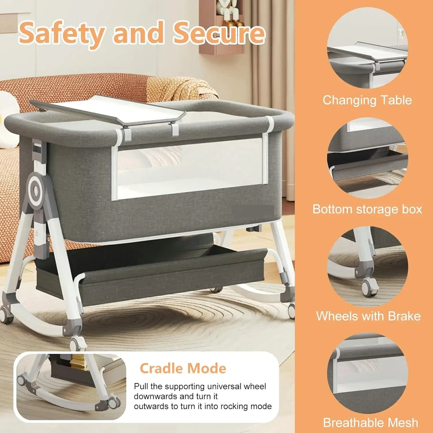 4 In 1 Rocking Baby Bassinet Bedside Sleeper With Mattress And Wheels