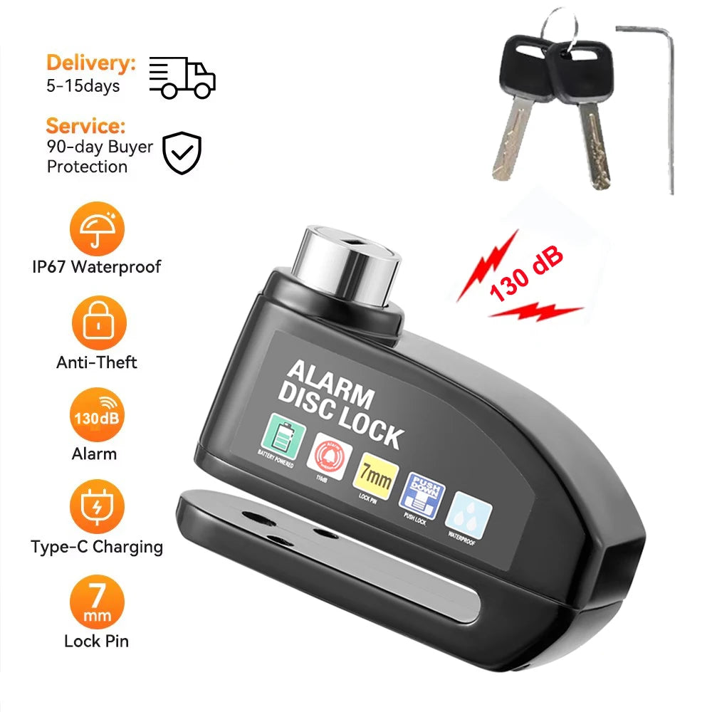 Motorcycle Disc Lock Alarm 130dB Anti Theft Padlock Waterproof