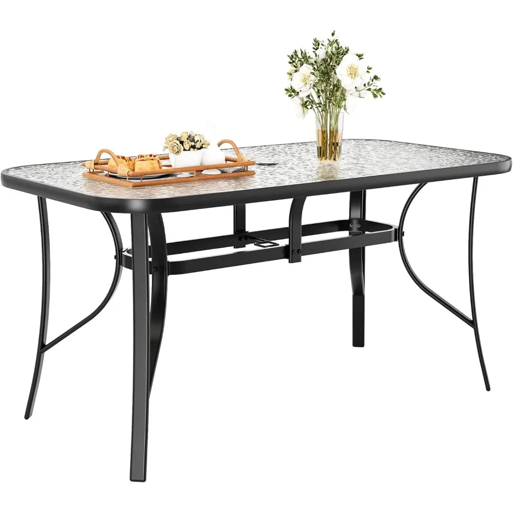 Patio Outdoor Table W/ 1.69″ Umbrella Hole, 30"X 55" Rectangular Tempered Glass Patio Dining Table for 6, Outdoor Metal Furnitu