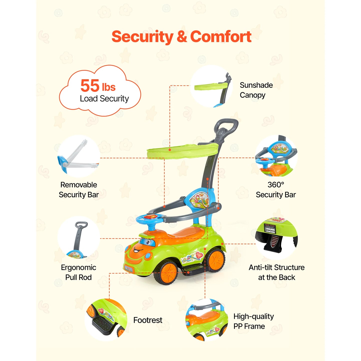 SucceBuy Ride On Push Car With Guardrails And Underseat Storage