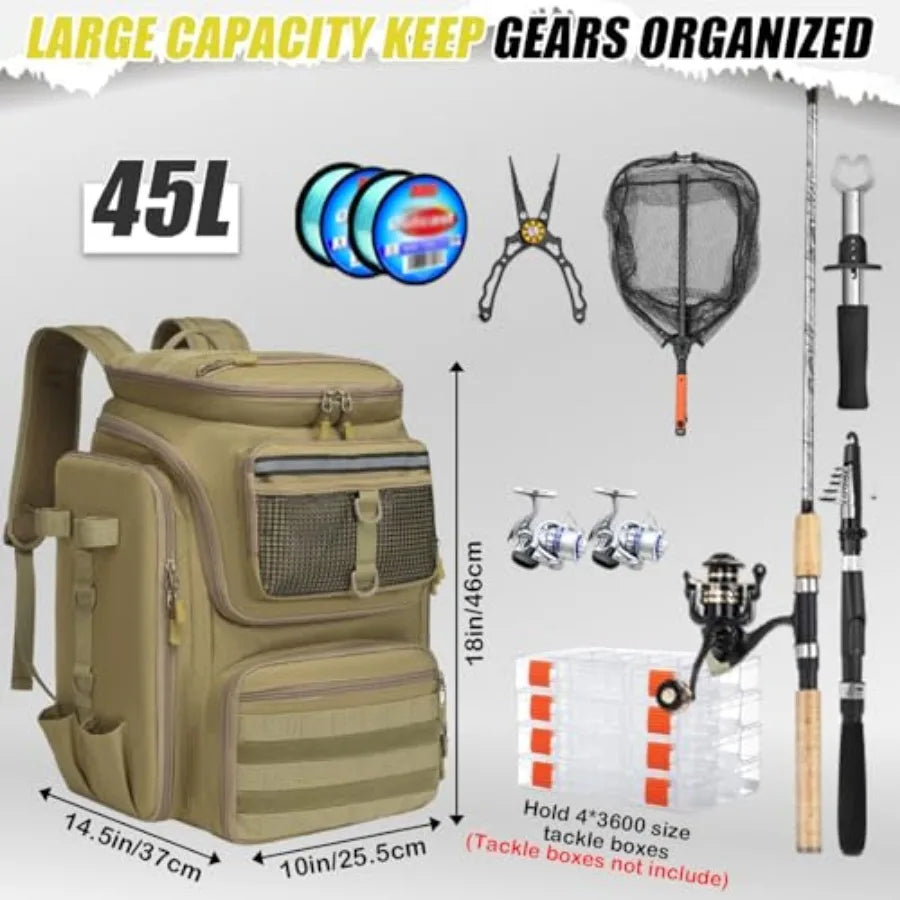 Water Resistant Fishing Backpack With Rod Holders And Tackle Storage