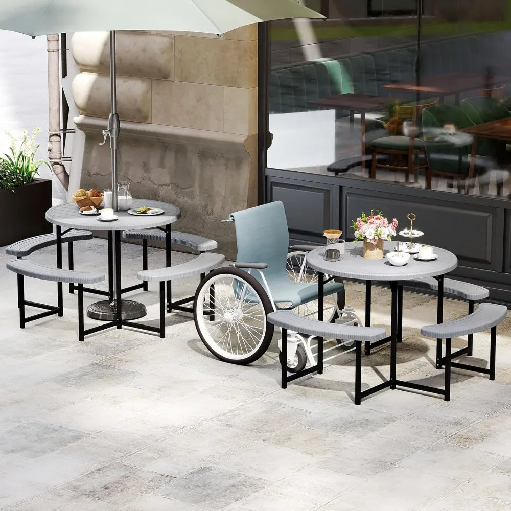 Outdoor 8-Person Round Picnic Table Set With Umbrella Hole
