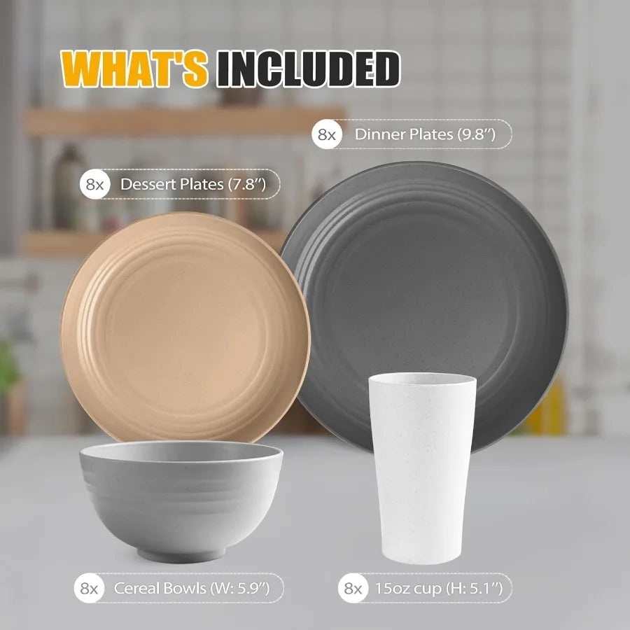Wheat Straw 32-Piece Dinnerware Set For Eight, Unbreakable, Farmhouse Style