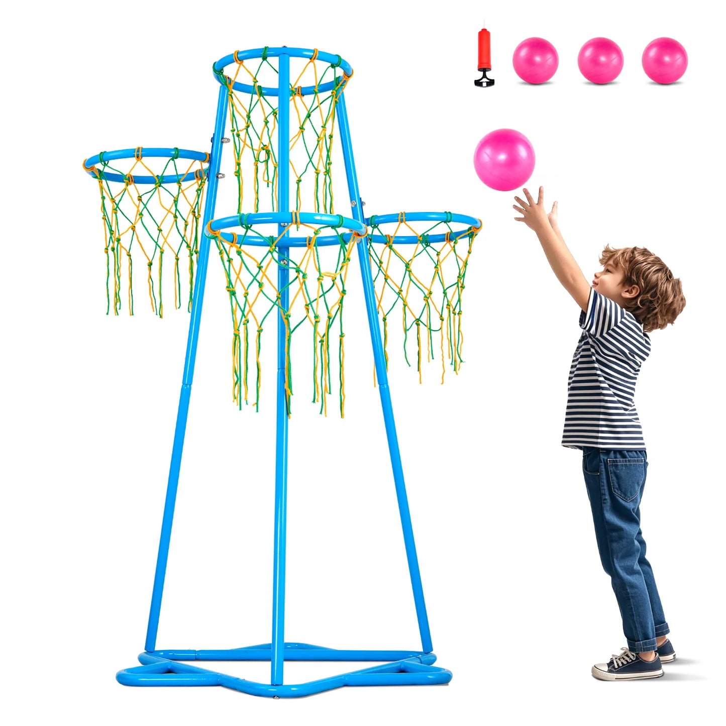 SucceBuy 4-Hoop Kids Basketball Hoop Stand With Adjustable Heights And 3 Balls