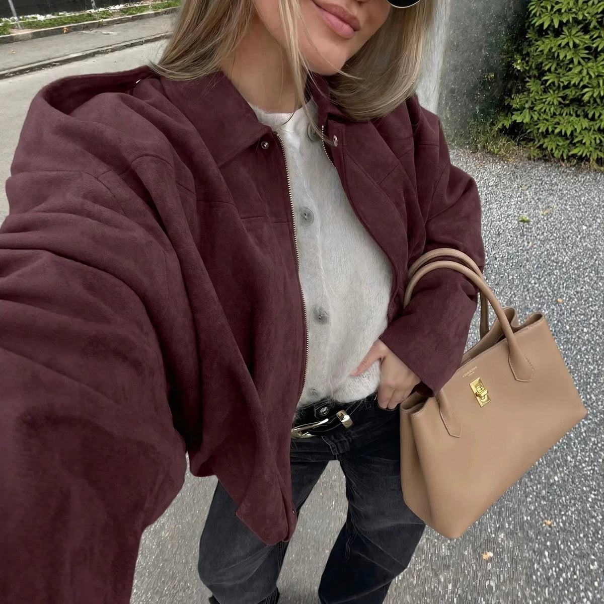 Womens Casual Suede Textured Pilot Jacket With Zipper