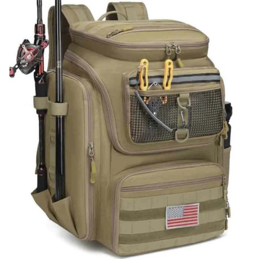 Water Resistant Fishing Backpack With Rod Holders And Tackle Storage