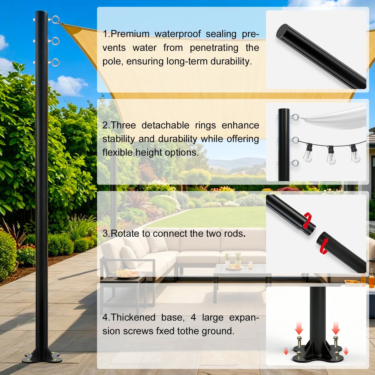 4-Pack Heavy Duty Metal Shade Sail Poles Outdoor Post Kit