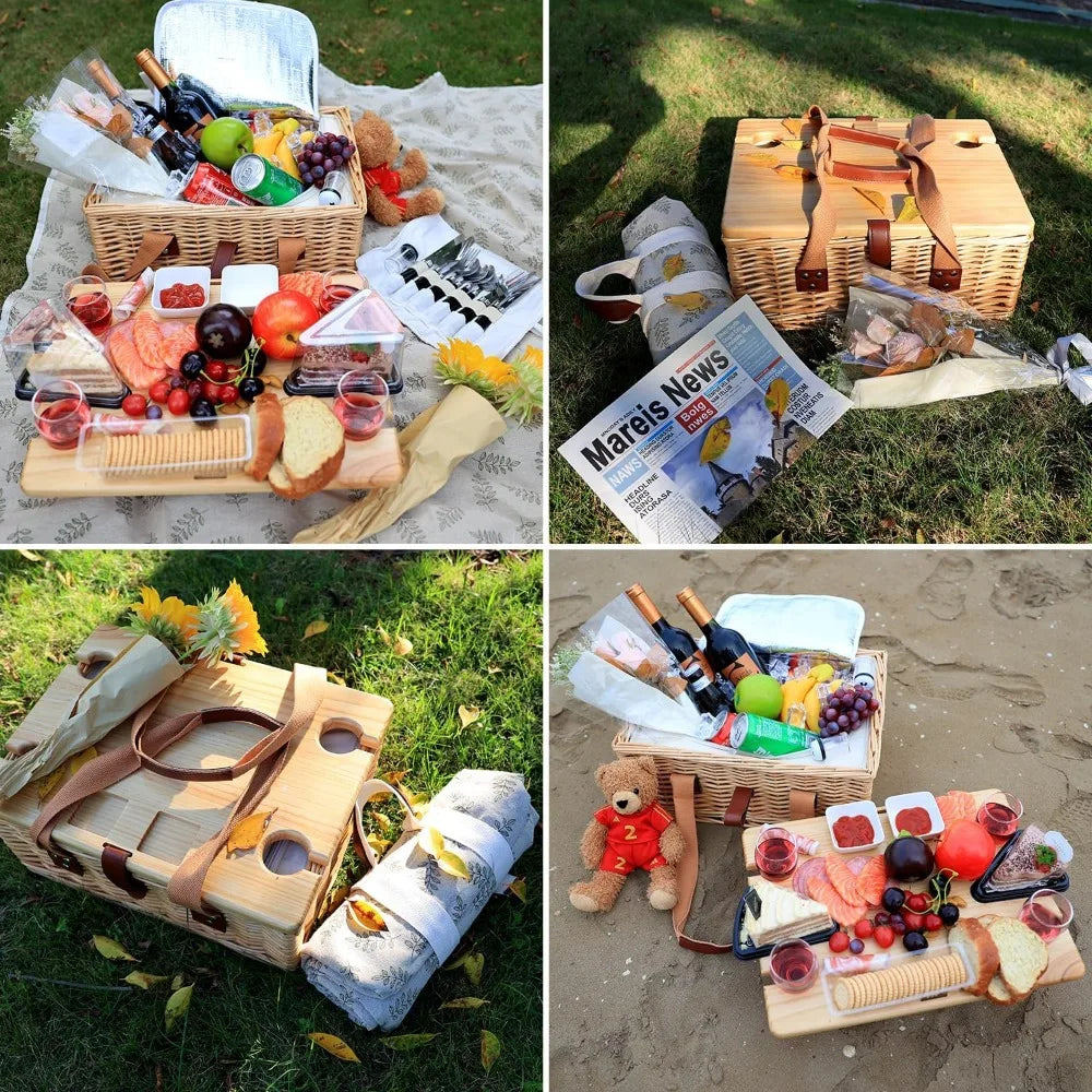 NBVCX Wicker Picnic Basket Set For Four With Folding Wine Table Insulated Cooler