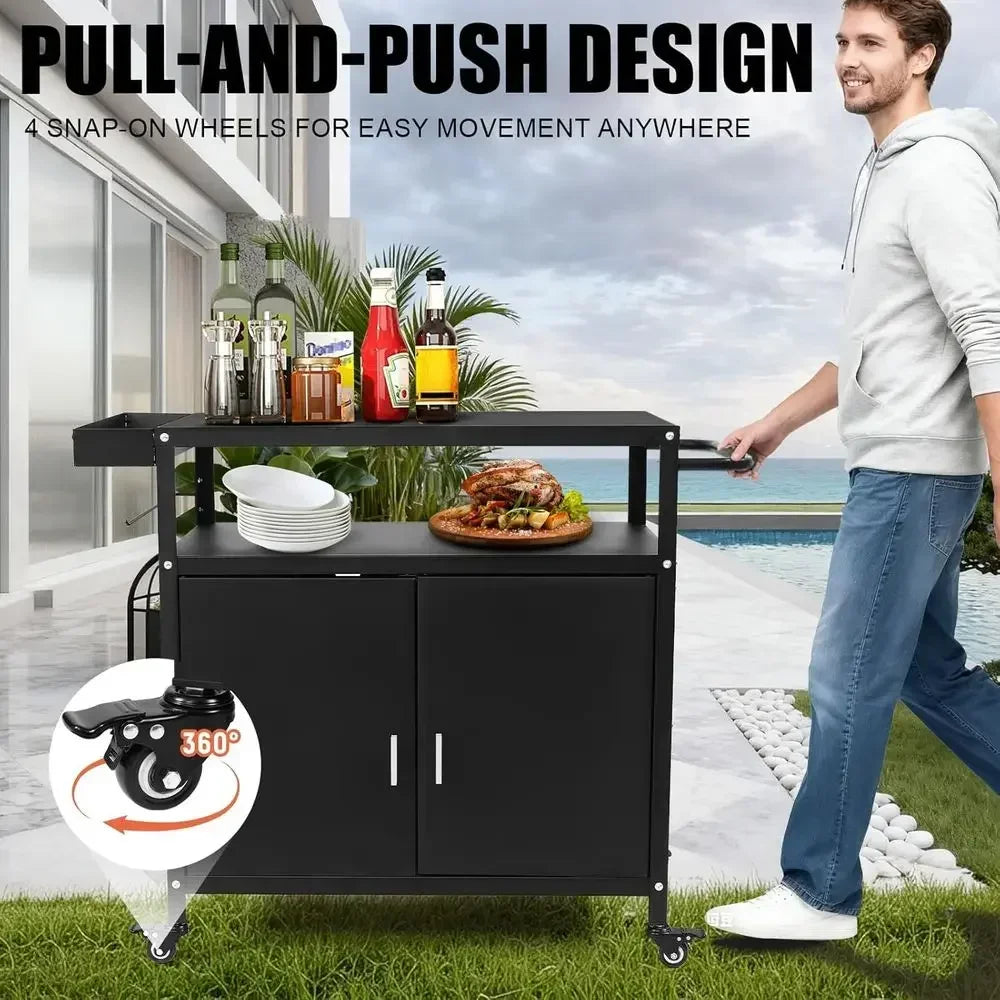 Portable Outdoor Folding Bbq Cart With Stainless Steel Top And Storage