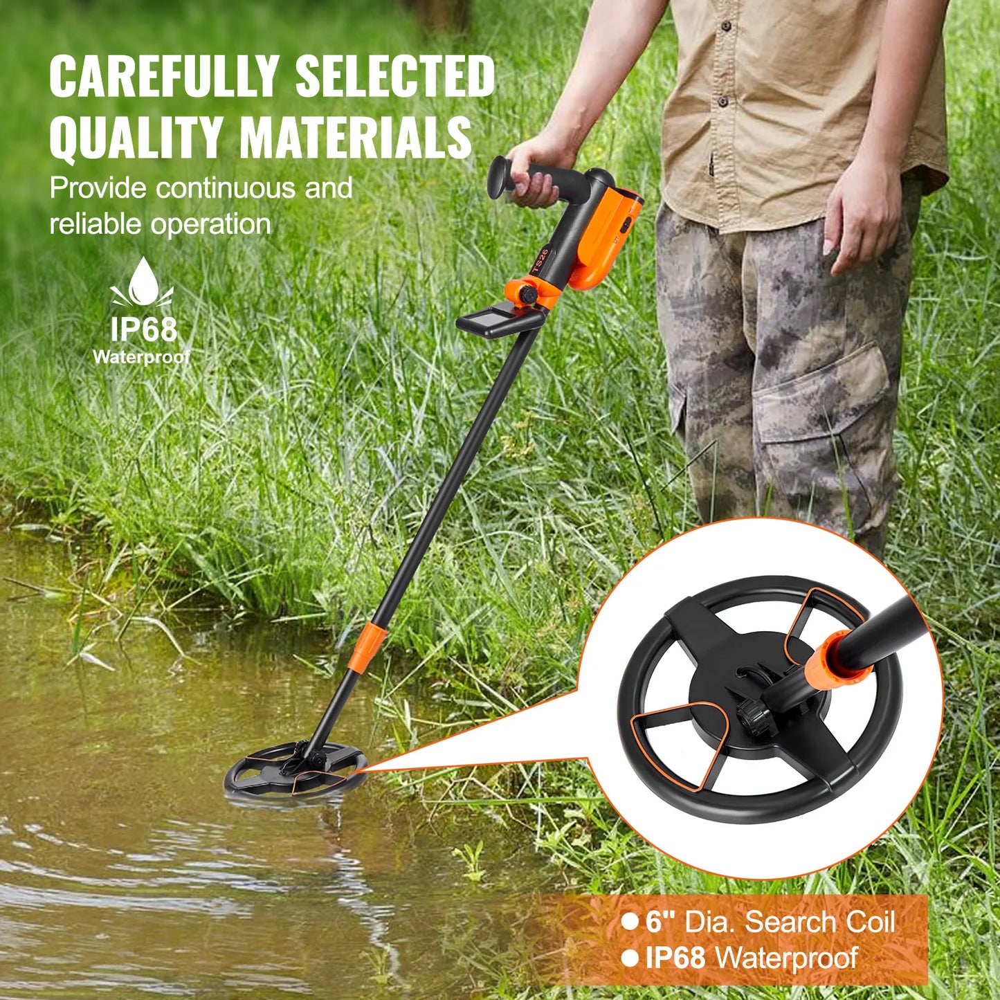 SucceBuy Metal Detector for Kids 6 Inch 25''-37'' Adjustable Length IP68 Waterproof Search Coil & LCD Display for Detecting Gold