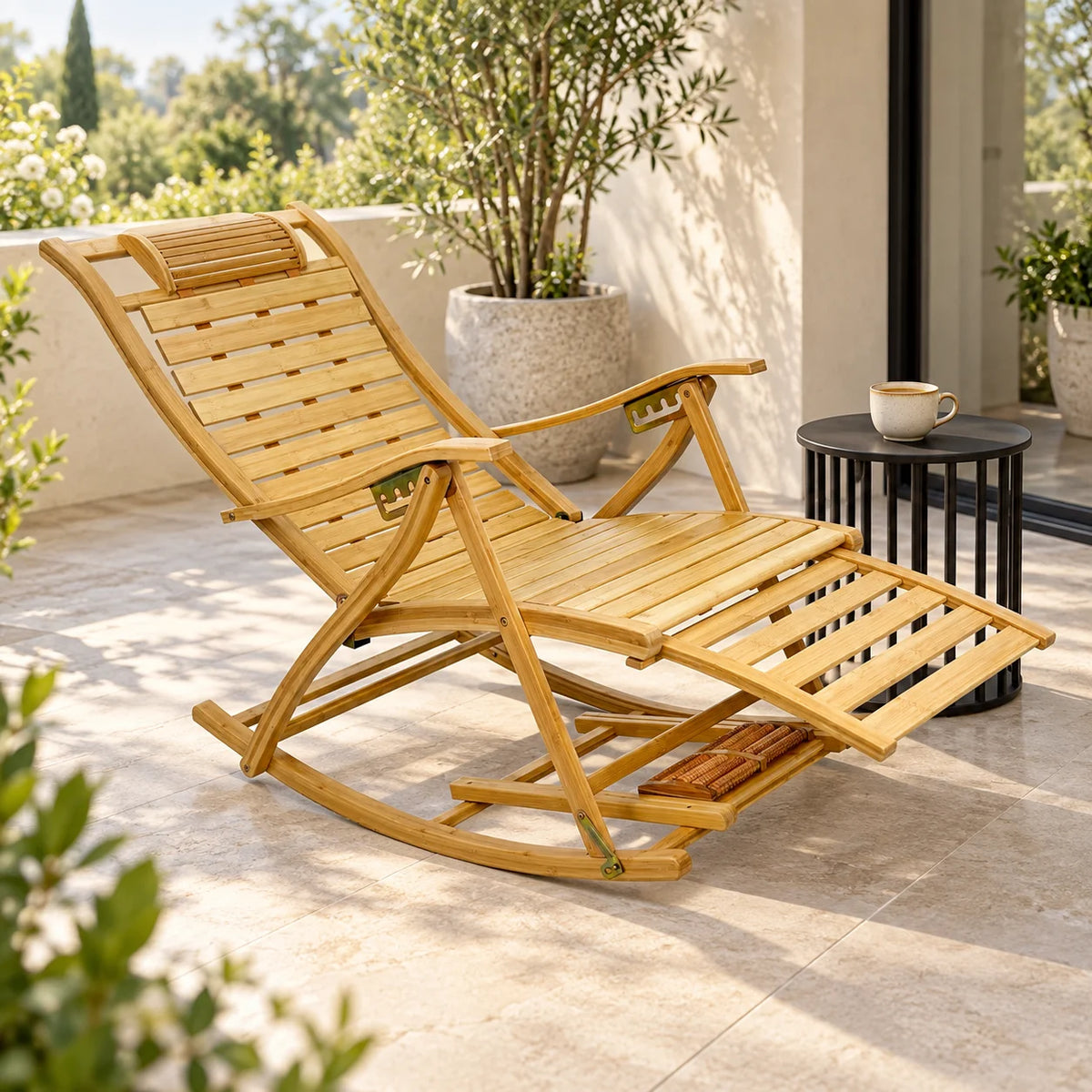 Wisfor Bamboo Rocking Recliner with Adjustable Backrest and Footrest