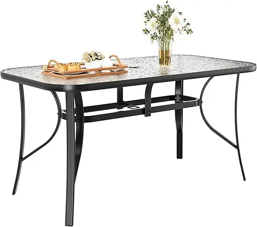 Patio Outdoor Table W/ 1.69″ Umbrella Hole, 30"X 55" Rectangular Tempered Glass Patio Dining Table for 6, Outdoor Metal Furnitu