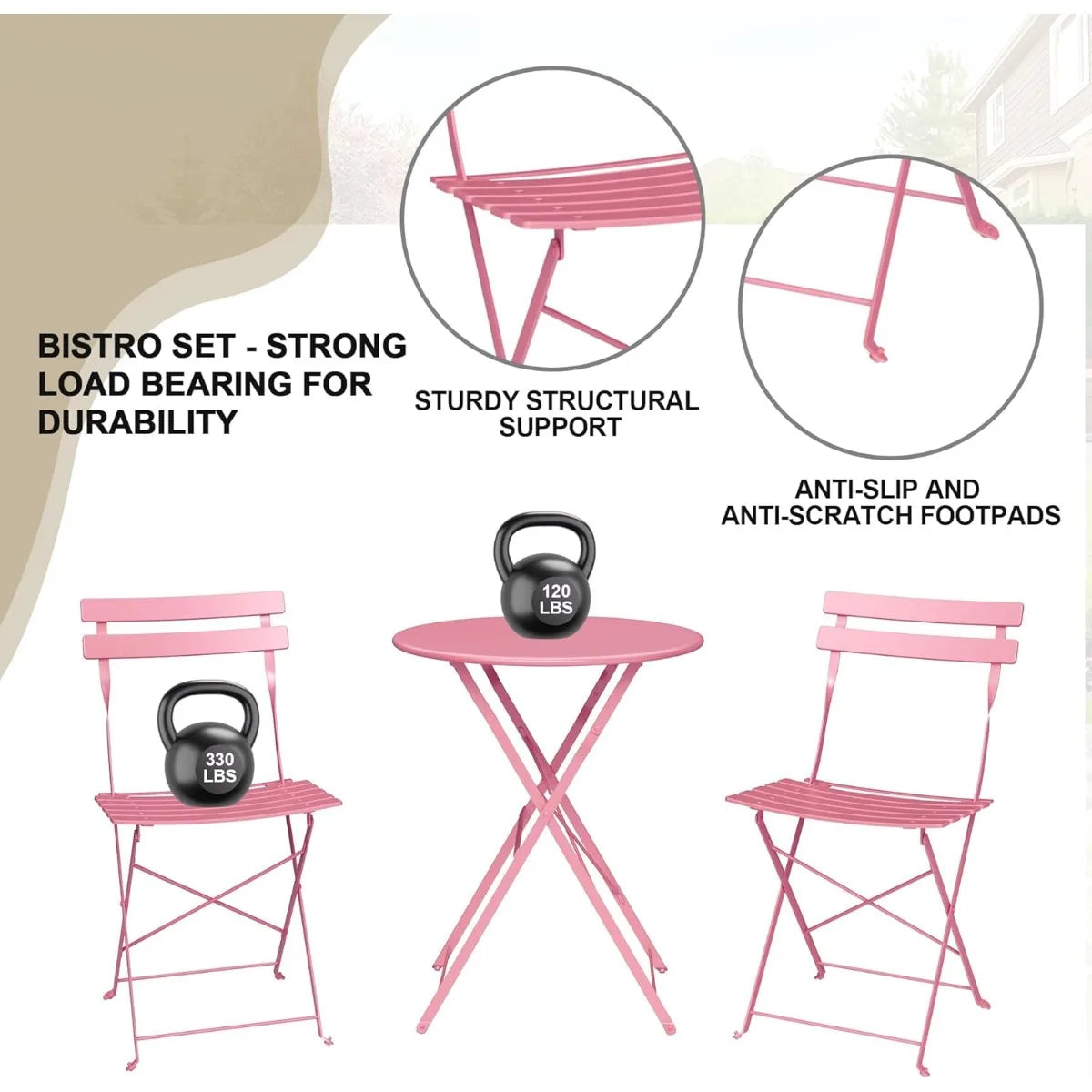 XIUWO 3-Piece Outdoor Folding Bistro Set With Table And Chairs