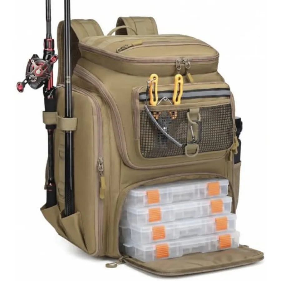Water Resistant Fishing Backpack With Rod Holders And Tackle Storage