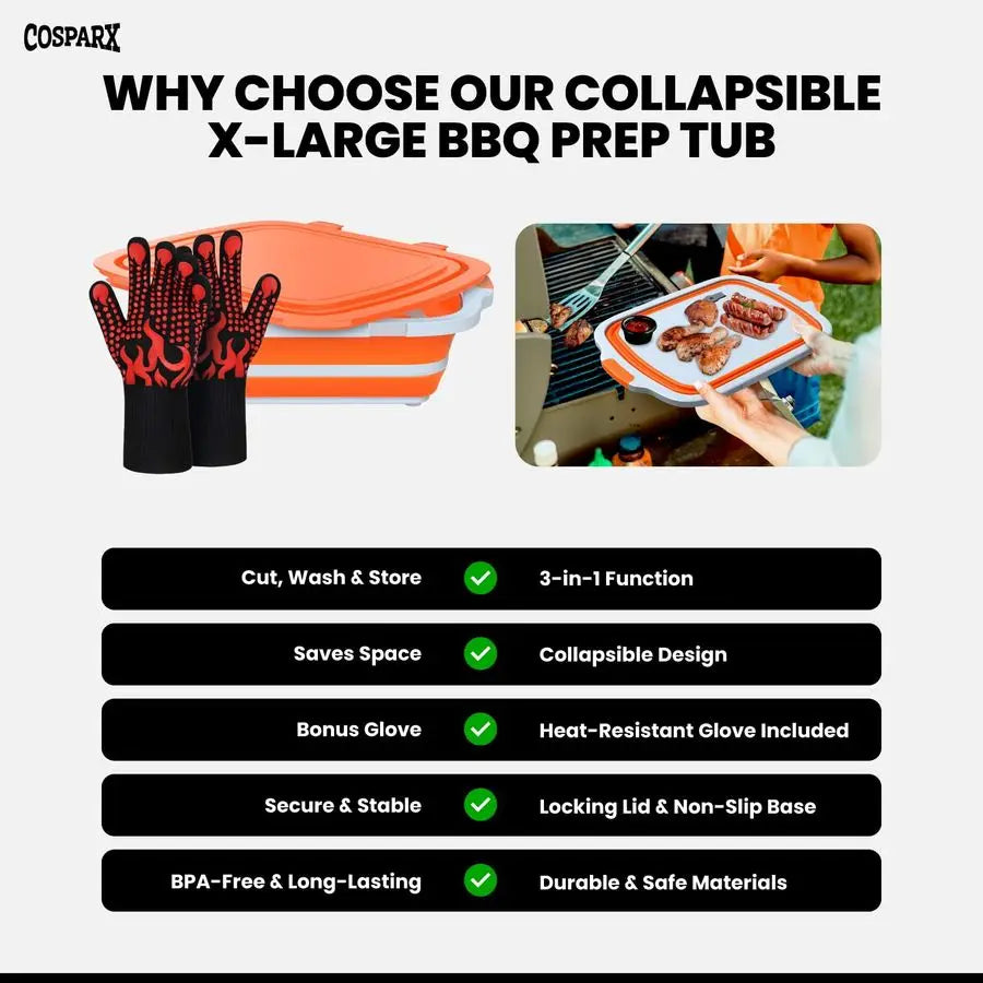 Collapsible BBQ Prep Tub With Cutting Board And Drain Plug