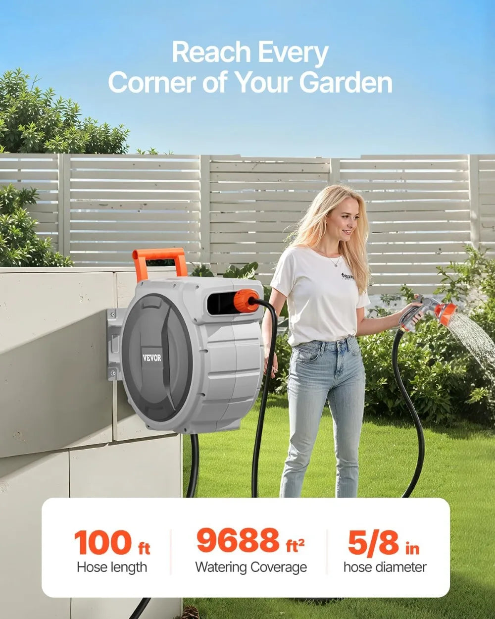 Retractable Garden Hose Reel With 180 Degree Swivel And Nozzle