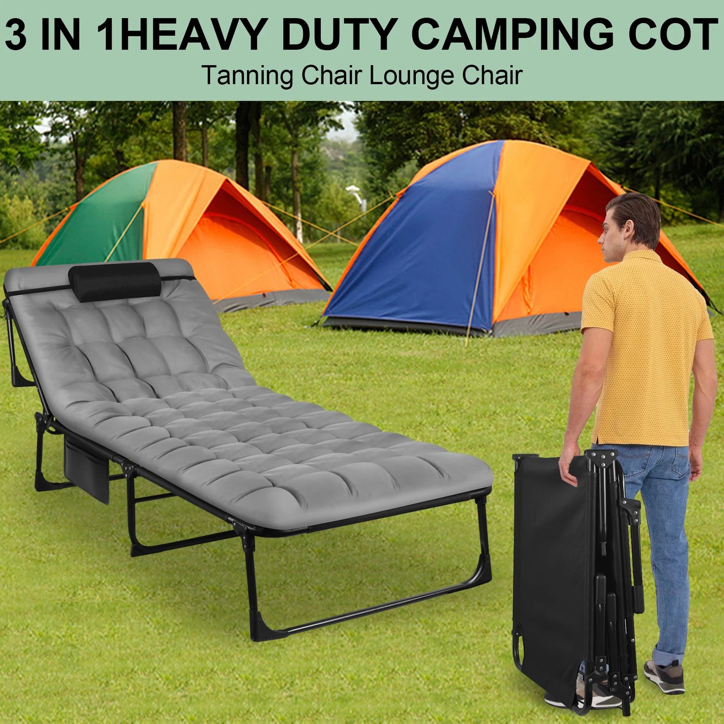 Portable Folding Camping Cot 3-Position Adjustable Reclining Lounge Chair