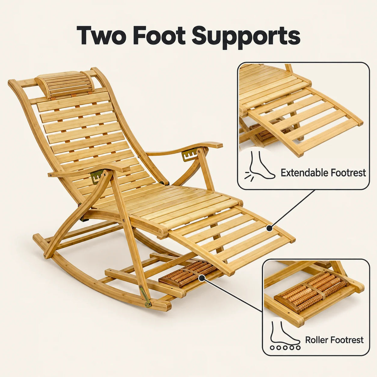 Wisfor Bamboo Rocking Recliner with Adjustable Backrest and Footrest
