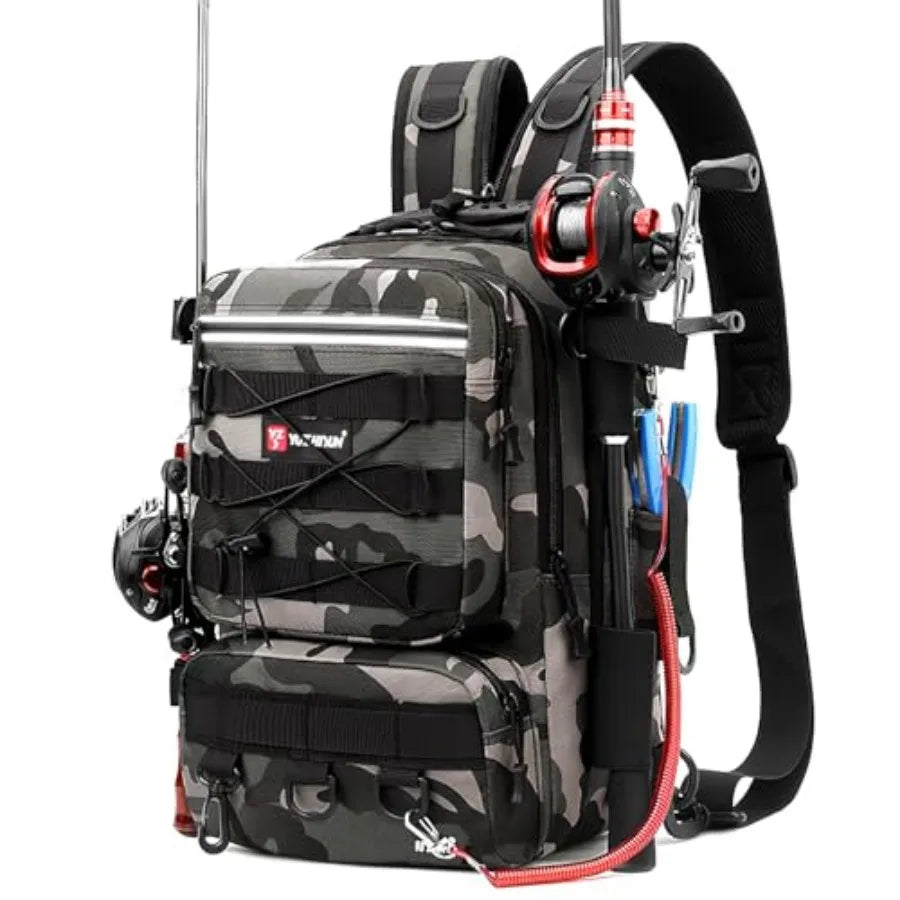 Fishing Tackle Backpack With Rod Holder And Storage Compartments